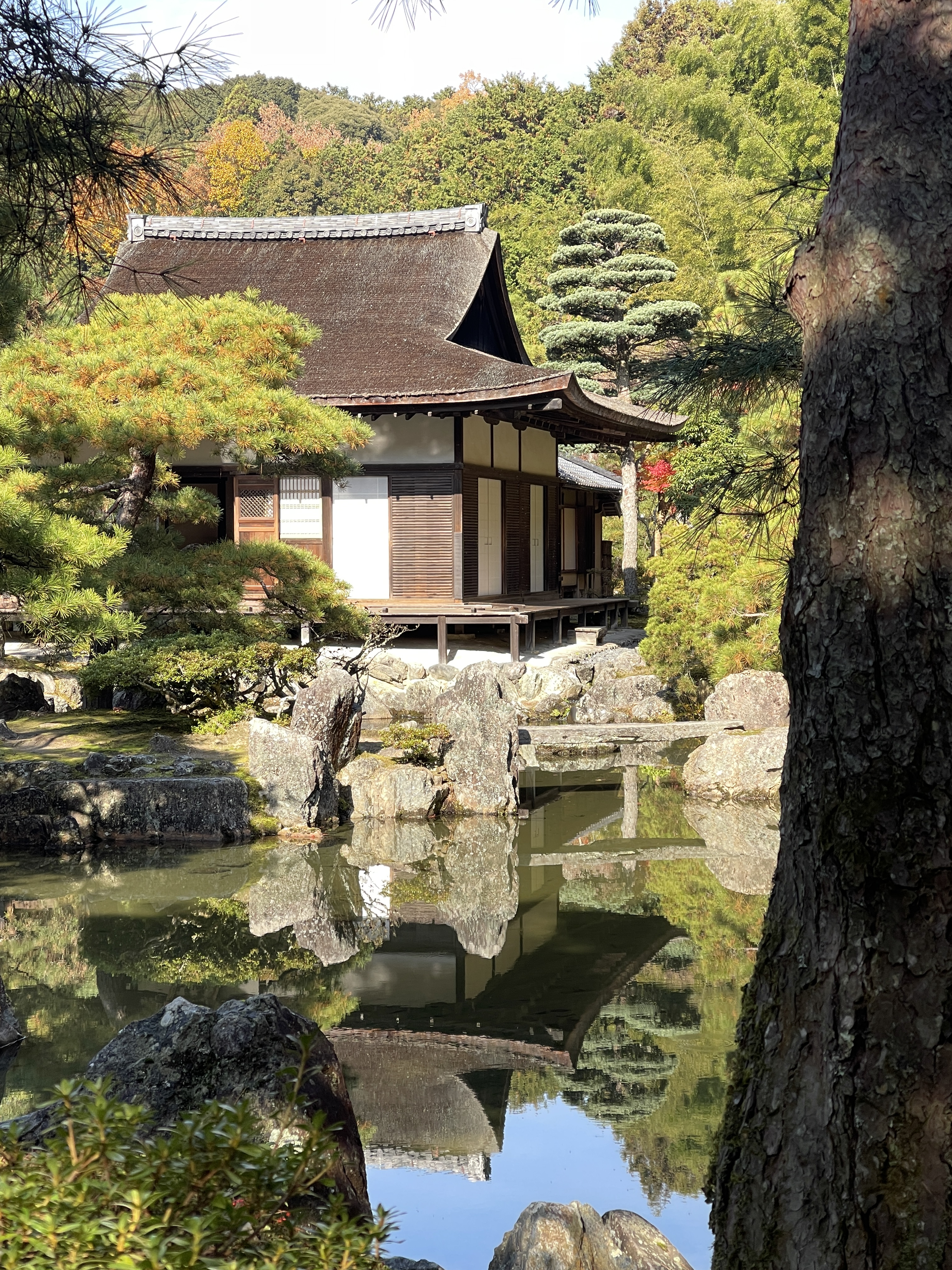 temple gingkaku à kyoto, on y voit un pavillon au bord de l'eau et des pins en niwaki